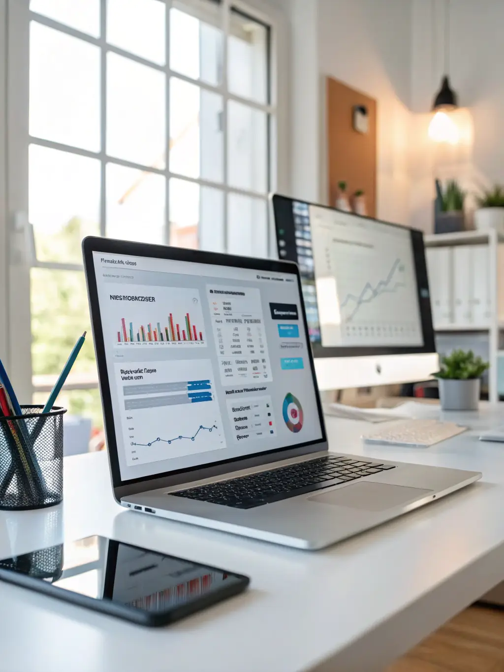 A professional image of an AI-driven SEO tool, displaying features like keyword research, competitor analysis, and website optimization recommendations.