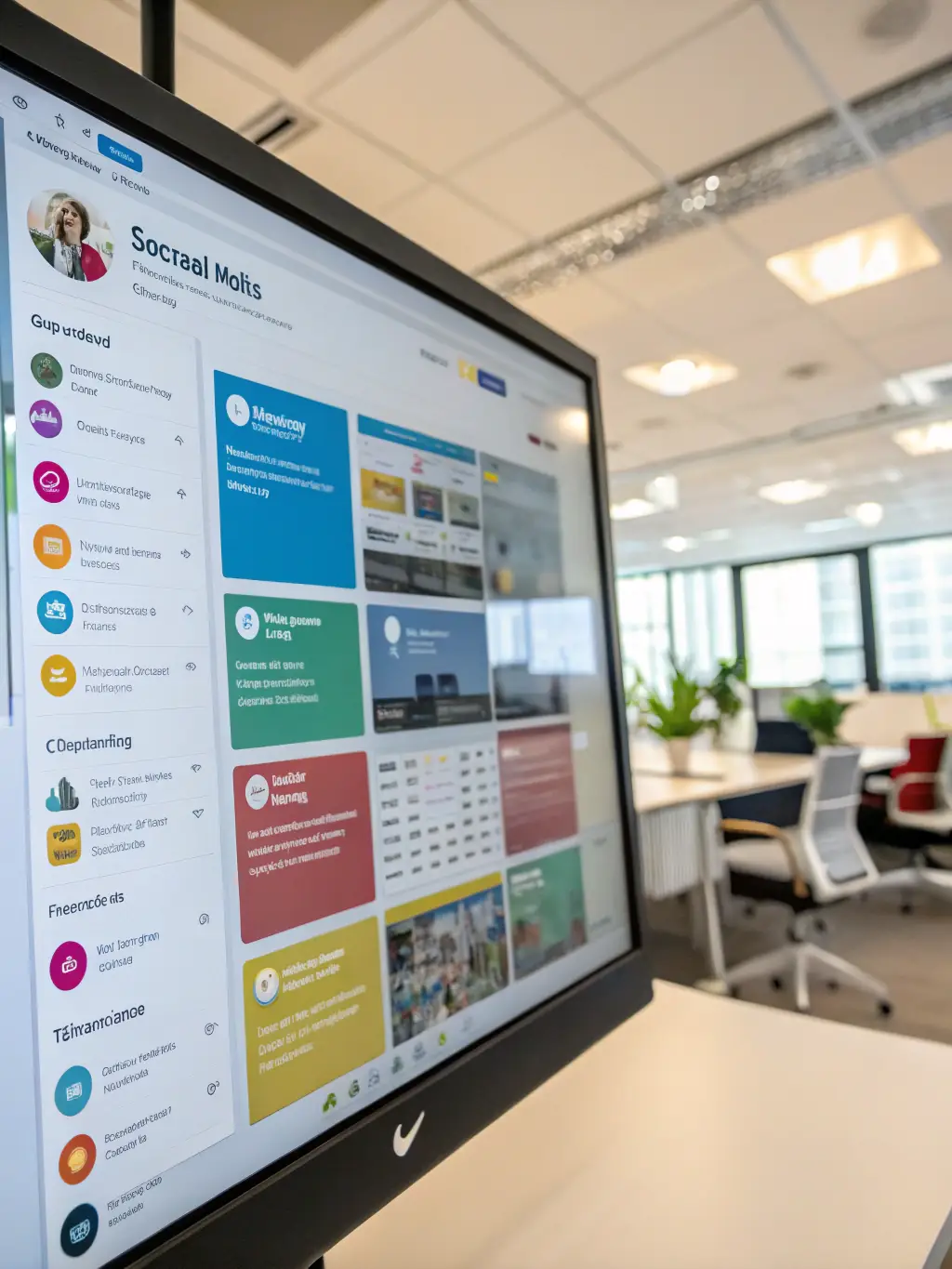 A vibrant image depicting an AI-driven social media management platform, highlighting features such as automated posting, content scheduling, and audience engagement analytics.
