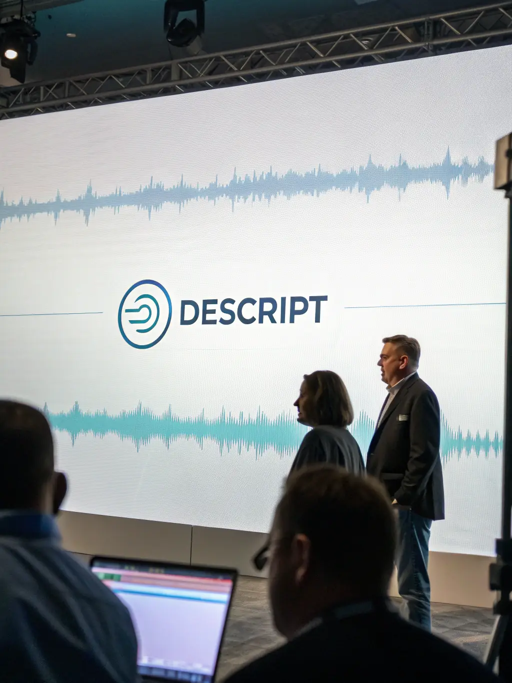 A portrait image featuring the logo of Descript, an AI-powered audio and video editing tool, with a modern and user-friendly interface.